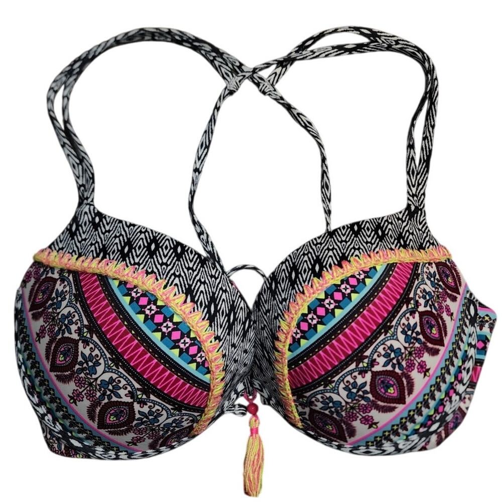 Shade & Shore swim Bikini Top Strappy Back Boho Tassel Padded Push up bra 36C